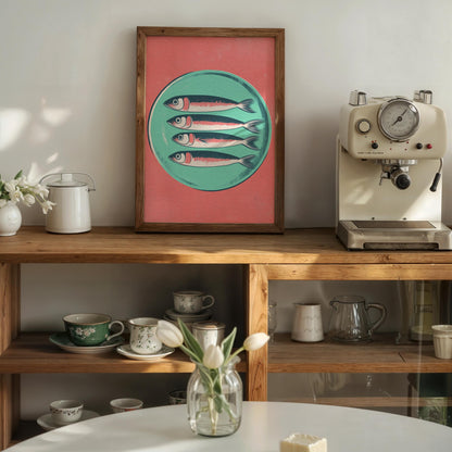 Retro Sardines Plate Print: Mid-Century Modern Kitchen Wall Art