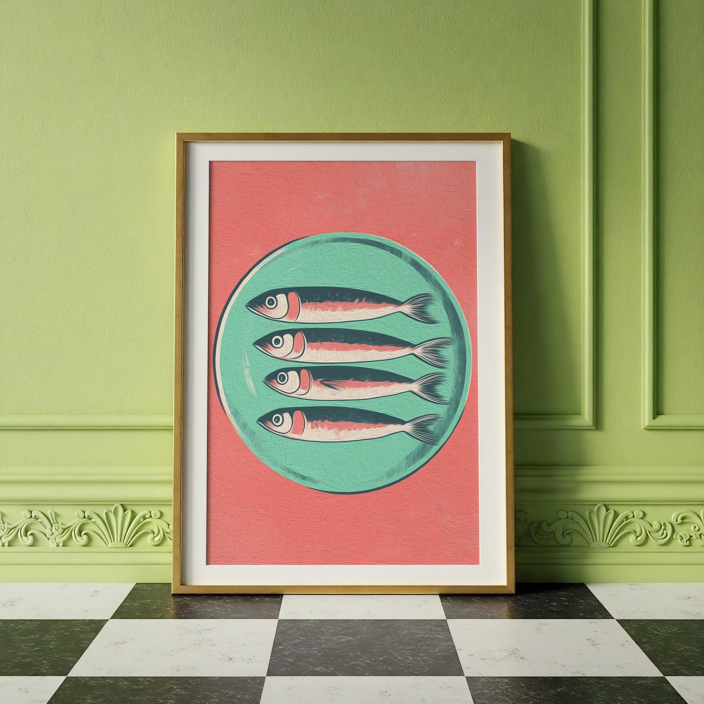 Retro Sardines Plate Print: Mid-Century Modern Kitchen Wall Art