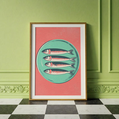 Retro Sardines Plate Print: Mid-Century Modern Kitchen Wall Art