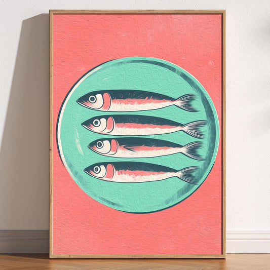 Retro Sardines Plate Print: Mid-Century Modern Kitchen Wall Art