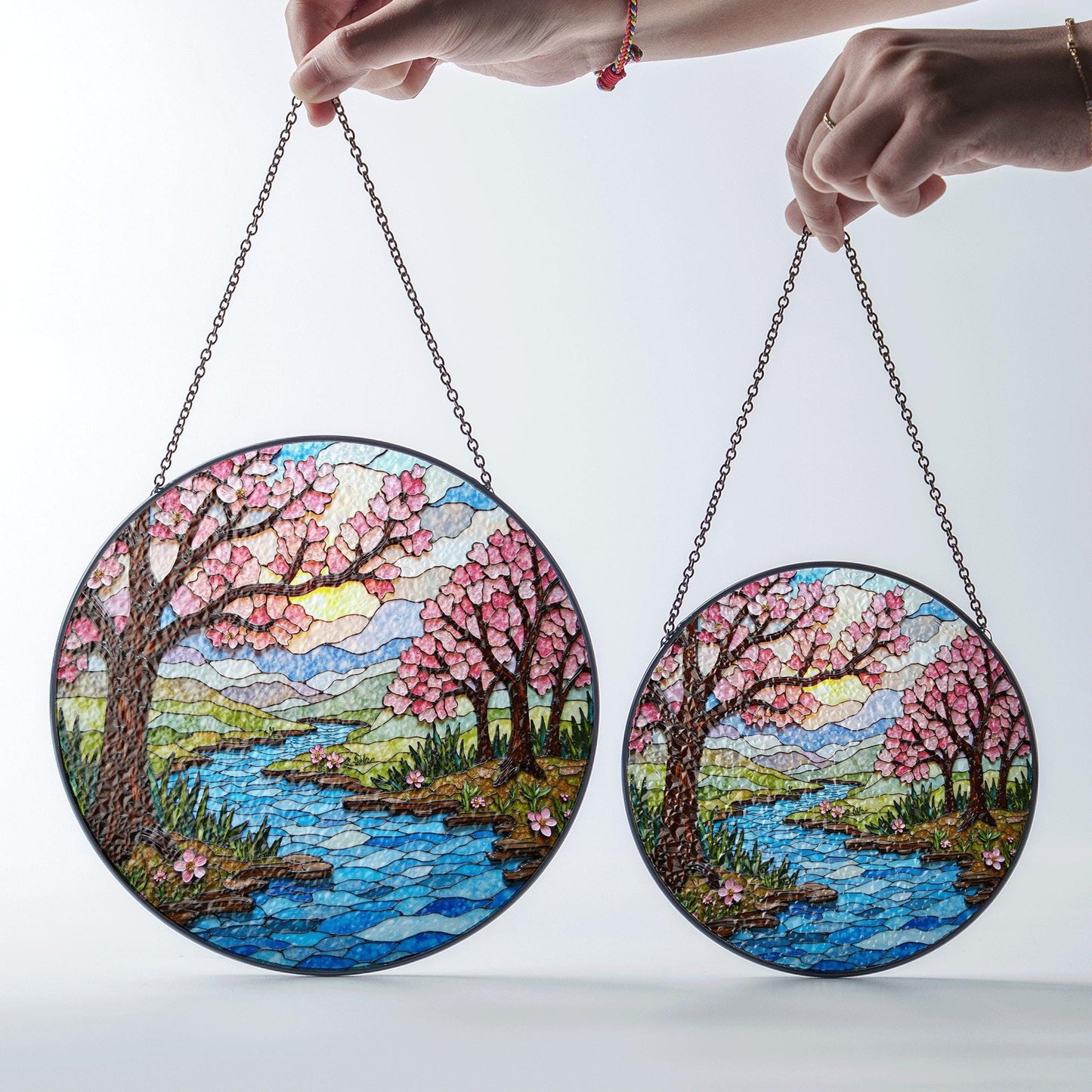Cherry Blossom River Stained Glass Suncatcher Round Window Hanging Gift for Mom