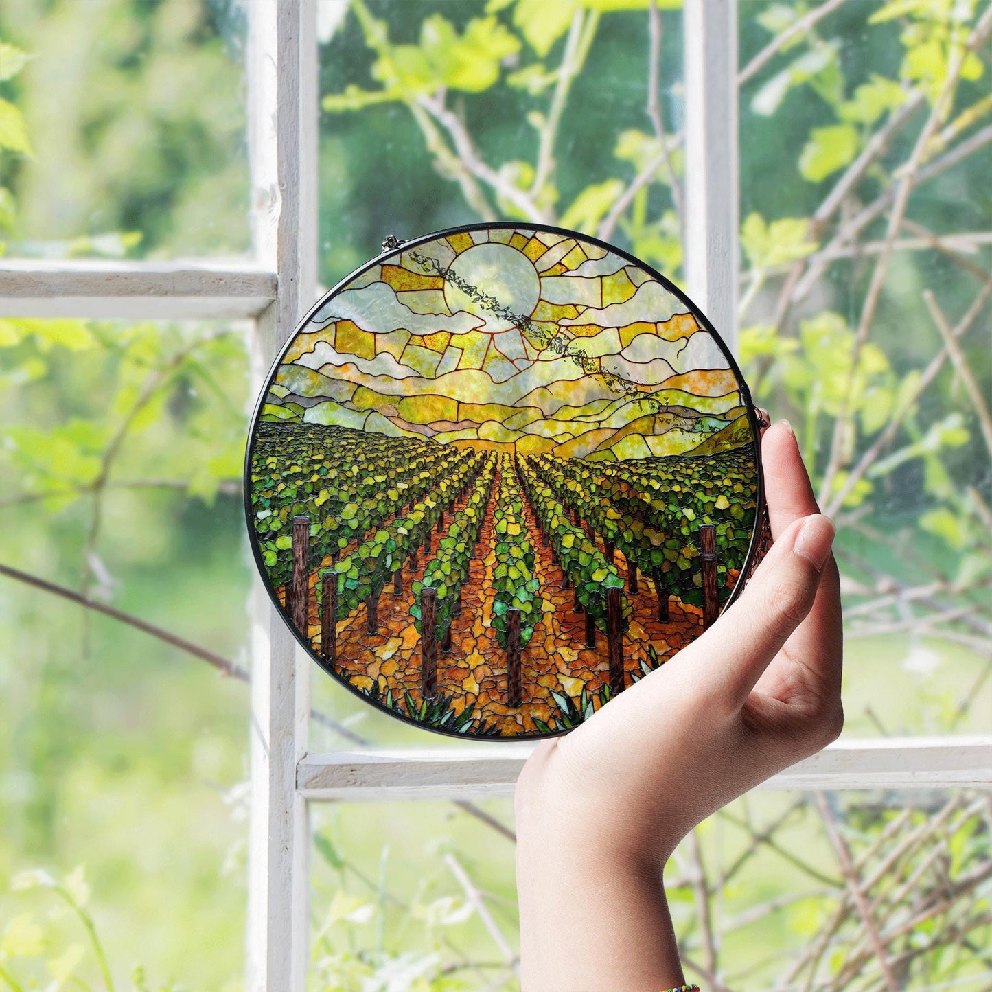 Golden Vineyard View Suncatcher Stained Glass Hanging Gift for Wine Lovers or Garden Fans
