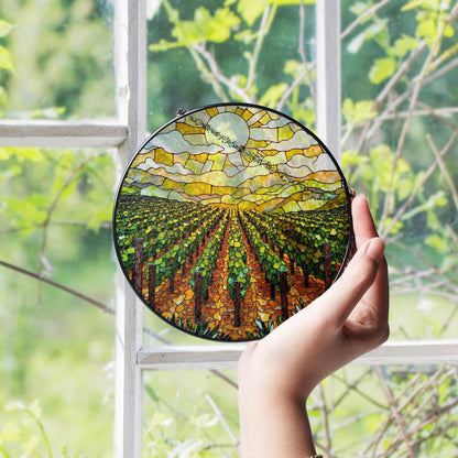 Golden Vineyard View Suncatcher Stained Glass Hanging Gift for Wine Lovers or Garden Fans
