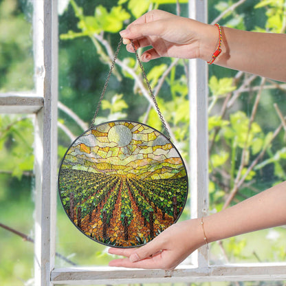 Golden Vineyard View Suncatcher Stained Glass Hanging Gift for Wine Lovers or Garden Fans
