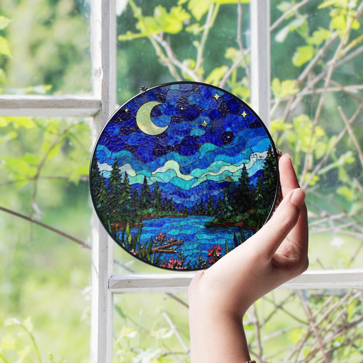 Moonlit forest lake night scene stained glass suncatcher window hanging gift for mom