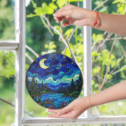 Moonlit forest lake night scene stained glass suncatcher window hanging gift for mom