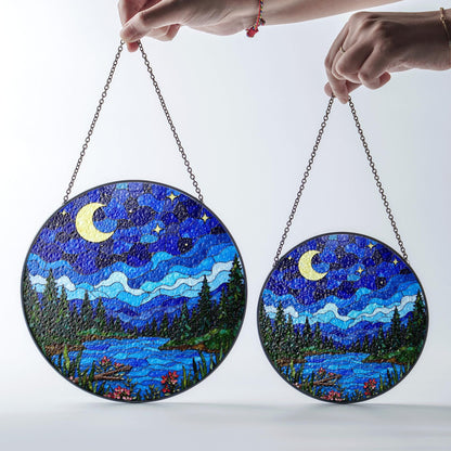Moonlit forest lake night scene stained glass suncatcher window hanging gift for mom