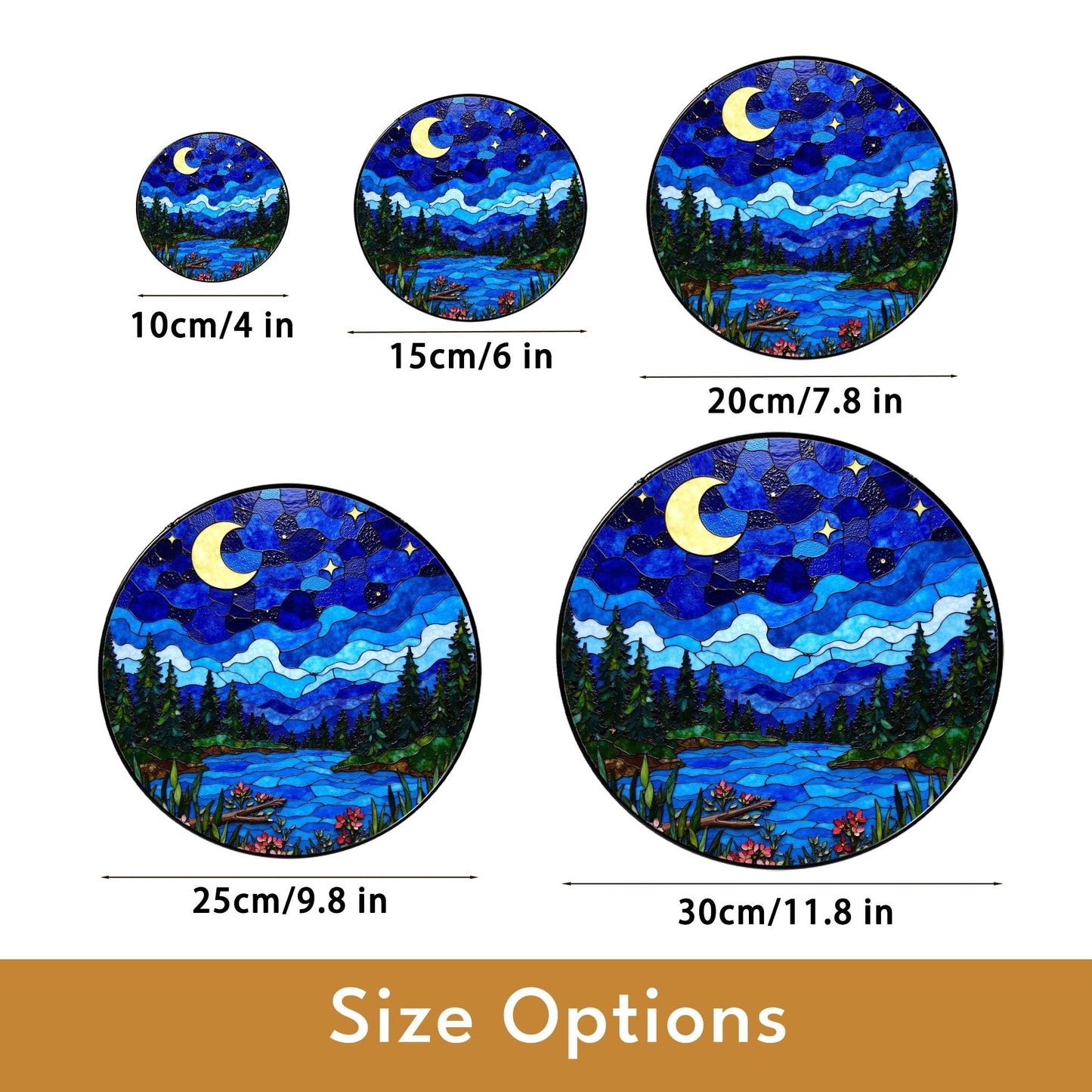 Moonlit forest lake night scene stained glass suncatcher window hanging gift for mom