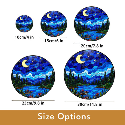 Moonlit forest lake night scene stained glass suncatcher window hanging gift for mom