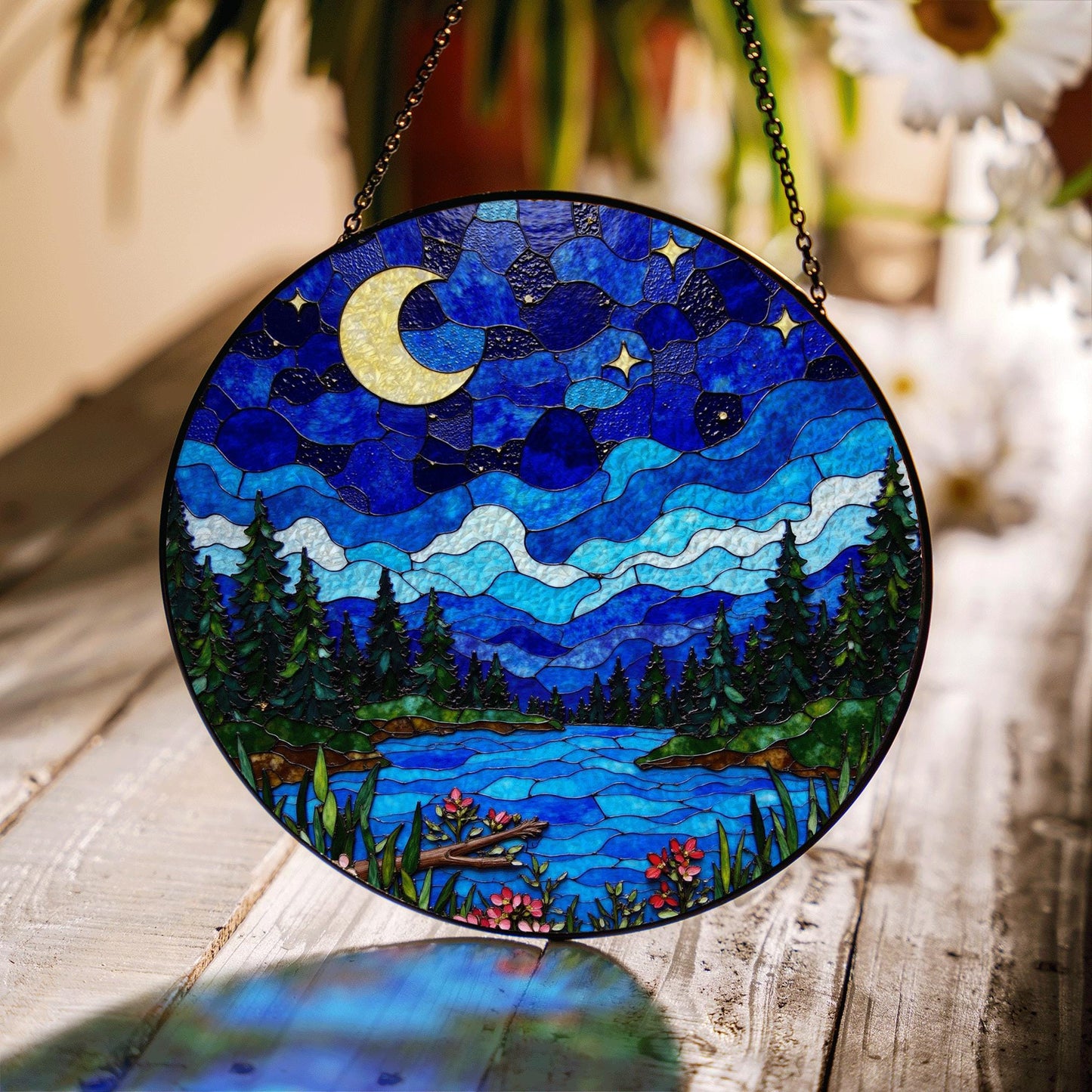 Moonlit forest lake night scene stained glass suncatcher window hanging gift for mom