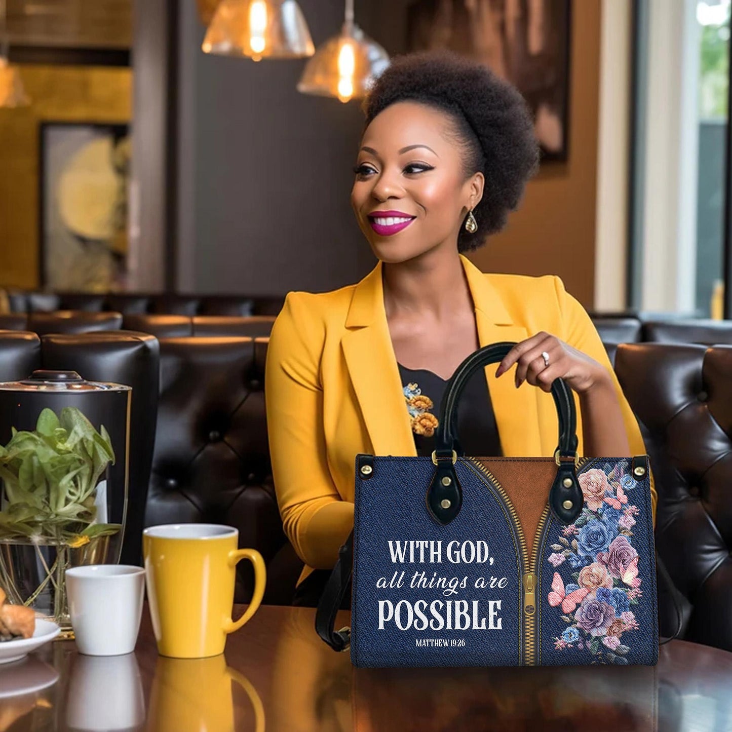 Personalized Leather Handbag Custom Name, Christian Gift, Gifts for Women, With God All Things Are Possible Bag, Floral & Zipper Design