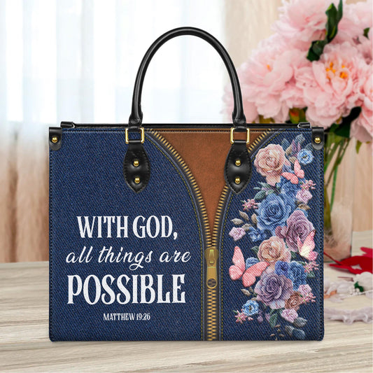 Personalized Leather Handbag Custom Name, Christian Gift, Gifts for Women, With God All Things Are Possible Bag, Floral & Zipper Design