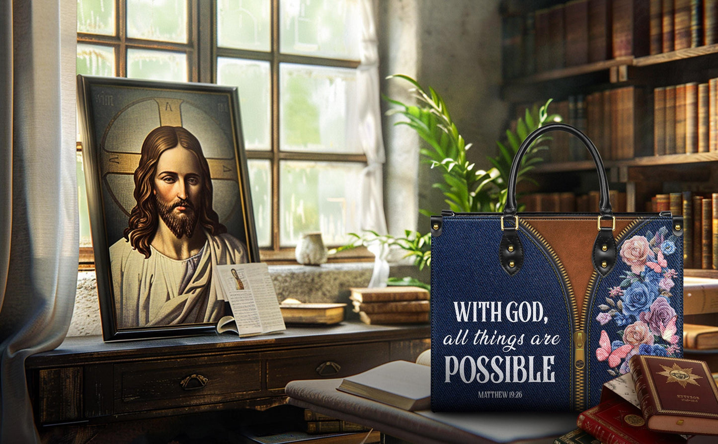 Personalized Leather Handbag Custom Name, Christian Gift, Gifts for Women, With God All Things Are Possible Bag, Floral & Zipper Design