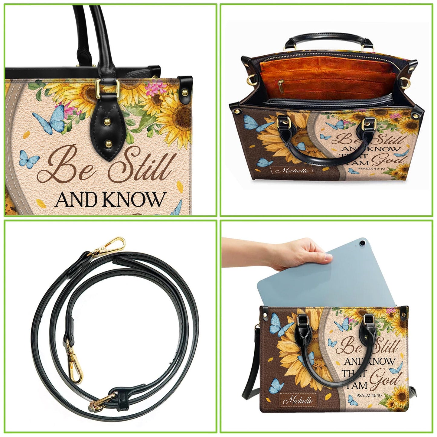 Personalized Leather Handbag Custom Name, Christian Gift, Gifts for Women, Be Still and Know I Am God Bag, Sunflower & Butterfly Design