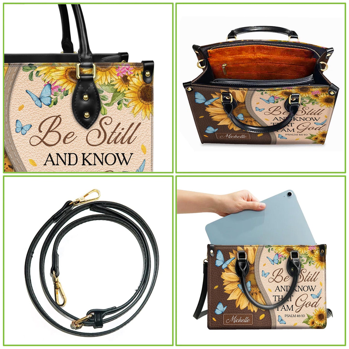 Personalized Leather Handbag Custom Name, Christian Gift, Gifts for Women, Be Still and Know I Am God Bag, Sunflower & Butterfly Design