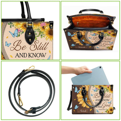 Personalized Leather Handbag Custom Name, Christian Gift, Gifts for Women, Be Still and Know I Am God Bag, Sunflower & Butterfly Design