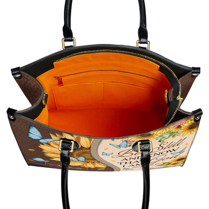 Personalized Leather Handbag Custom Name, Christian Gift, Gifts for Women, Be Still and Know I Am God Bag, Sunflower & Butterfly Design