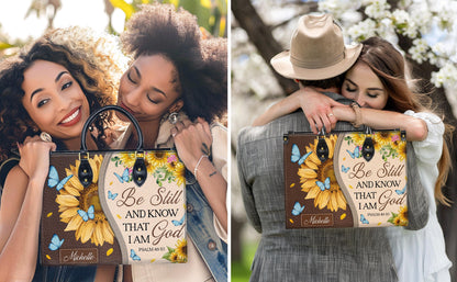 Personalized Leather Handbag Custom Name, Christian Gift, Gifts for Women, Be Still and Know I Am God Bag, Sunflower & Butterfly Design
