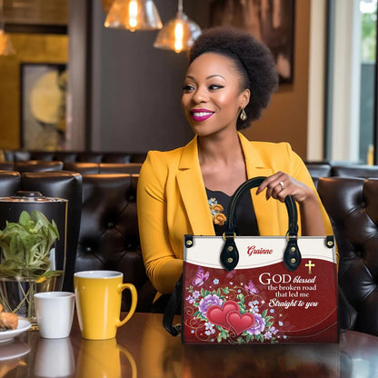 Personalized Leather Handbag Custom Name, Christian Gift, Gifts for Women, God Blessed the Broken Road Bag, Floral Heart Design