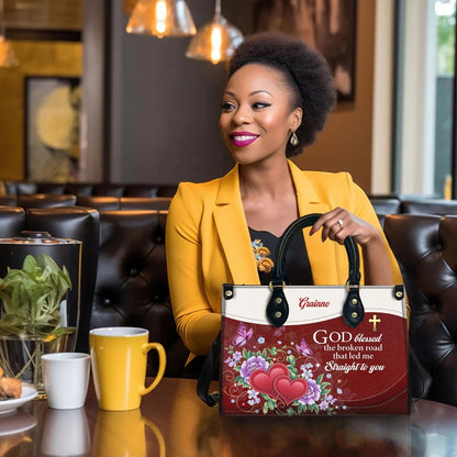 Personalized Leather Handbag Custom Name, Christian Gift, Gifts for Women, God Blessed the Broken Road Bag, Floral Heart Design