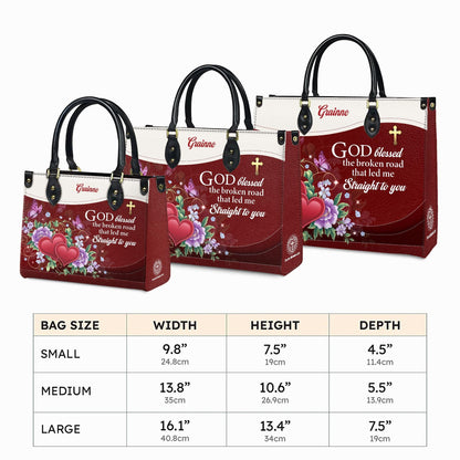 Personalized Leather Handbag Custom Name, Christian Gift, Gifts for Women, God Blessed the Broken Road Bag, Floral Heart Design