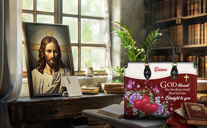 Personalized Leather Handbag Custom Name, Christian Gift, Gifts for Women, God Blessed the Broken Road Bag, Floral Heart Design