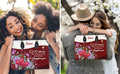 Personalized Leather Handbag Custom Name, Christian Gift, Gifts for Women, God Blessed the Broken Road Bag, Floral Heart Design