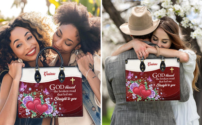 Personalized Leather Handbag Custom Name, Christian Gift, Gifts for Women, God Blessed the Broken Road Bag, Floral Heart Design