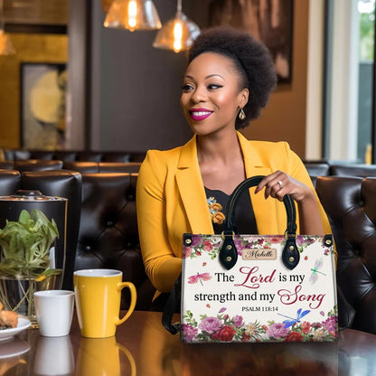 Personalized Leather Handbag Custom Name, Christian Gift, Gifts for Women, The Lord is My Strength Bag, Floral & Dragonfly Design