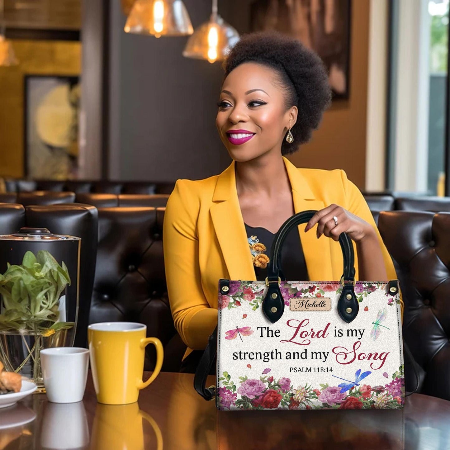 Personalized Leather Handbag Custom Name, Christian Gift, Gifts for Women, The Lord is My Strength Bag, Floral & Dragonfly Design