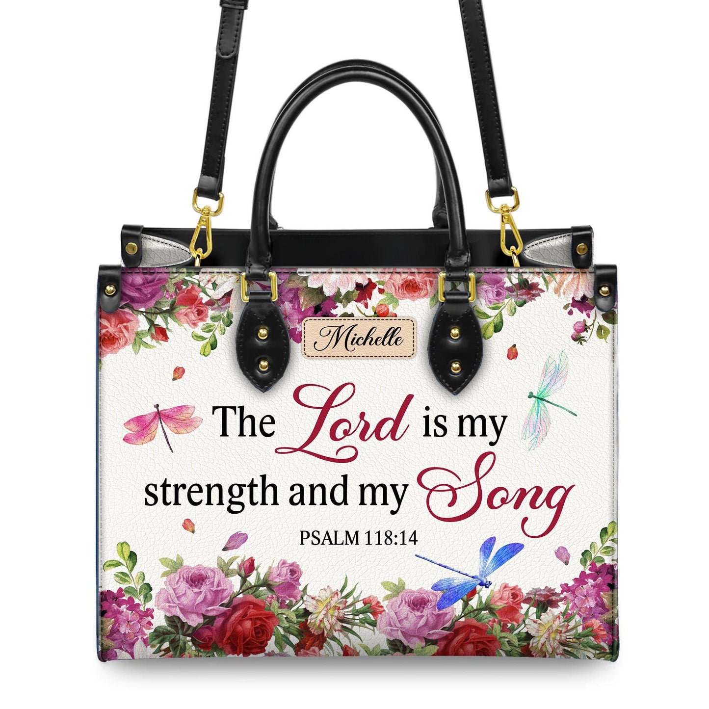 Personalized Leather Handbag Custom Name, Christian Gift, Gifts for Women, The Lord is My Strength Bag, Floral & Dragonfly Design