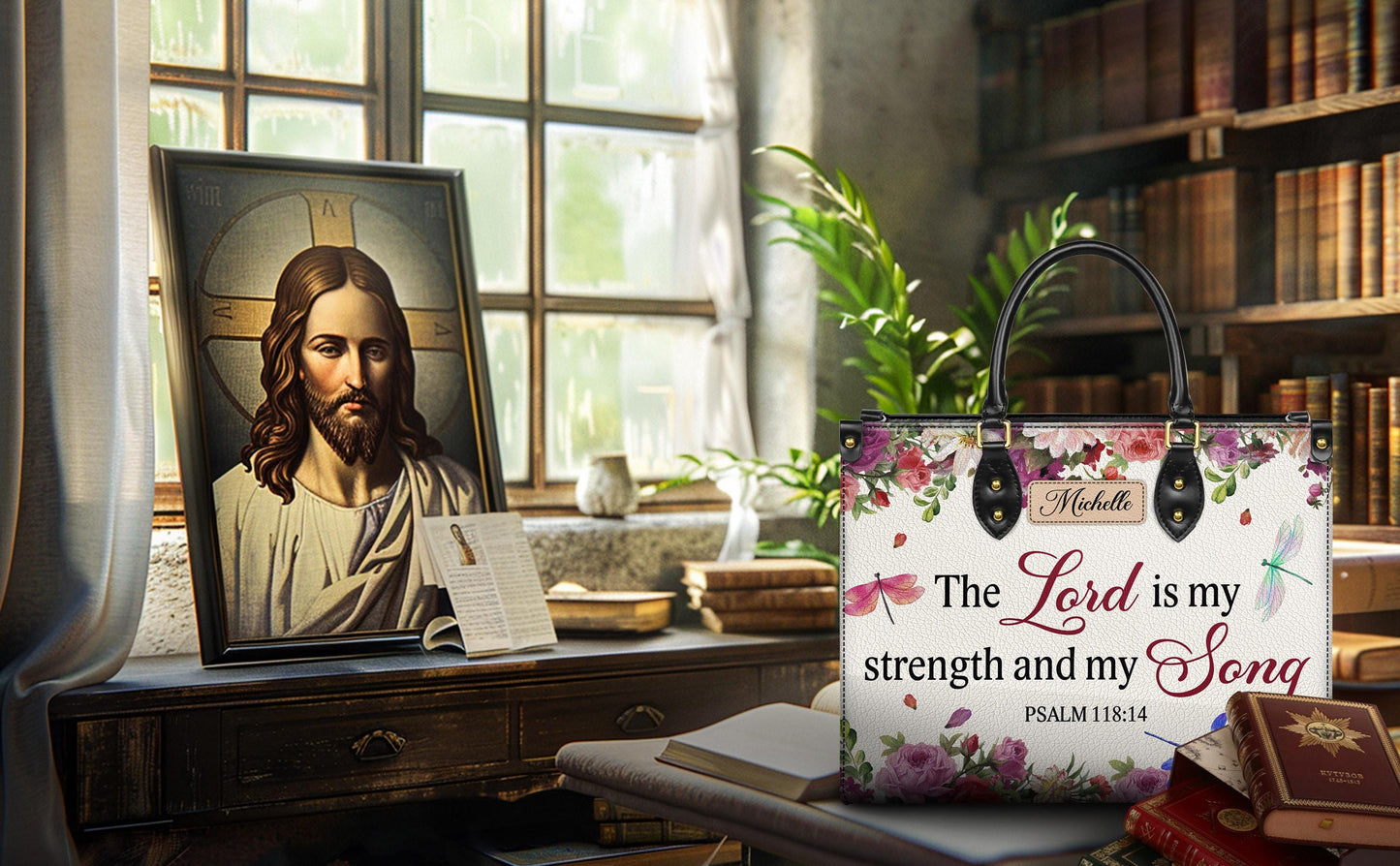 Personalized Leather Handbag Custom Name, Christian Gift, Gifts for Women, The Lord is My Strength Bag, Floral & Dragonfly Design