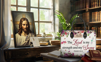 Personalized Leather Handbag Custom Name, Christian Gift, Gifts for Women, The Lord is My Strength Bag, Floral & Dragonfly Design