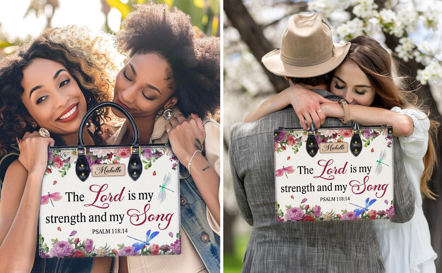 Personalized Leather Handbag Custom Name, Christian Gift, Gifts for Women, The Lord is My Strength Bag, Floral & Dragonfly Design