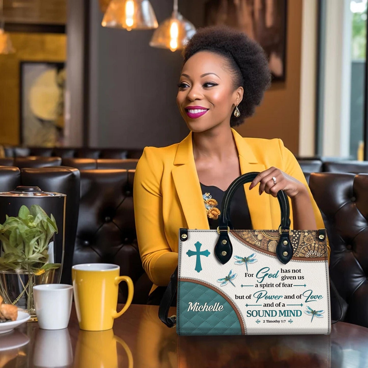 Personalized Leather Handbag Custom Name, Christian Gift, Gifts for Women, God Gave Us Power Bag, Dragonfly & Floral Design