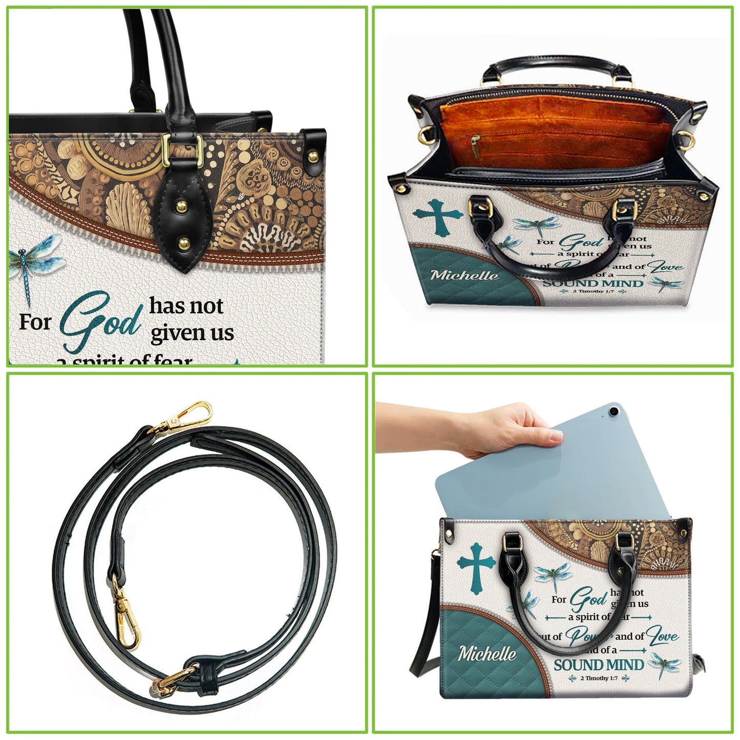 Personalized Leather Handbag Custom Name, Christian Gift, Gifts for Women, God Gave Us Power Bag, Dragonfly & Floral Design