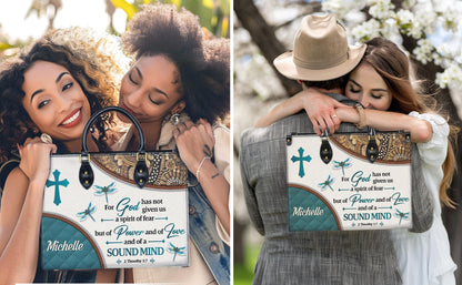 Personalized Leather Handbag Custom Name, Christian Gift, Gifts for Women, God Gave Us Power Bag, Dragonfly & Floral Design