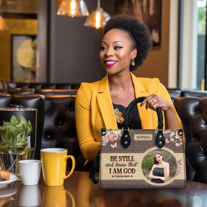 Personalized Leather Handbag Custom Name, Christian Gift, Gifts for Women, Be Still and Know Floral Bag, Butterfly & Flower Design