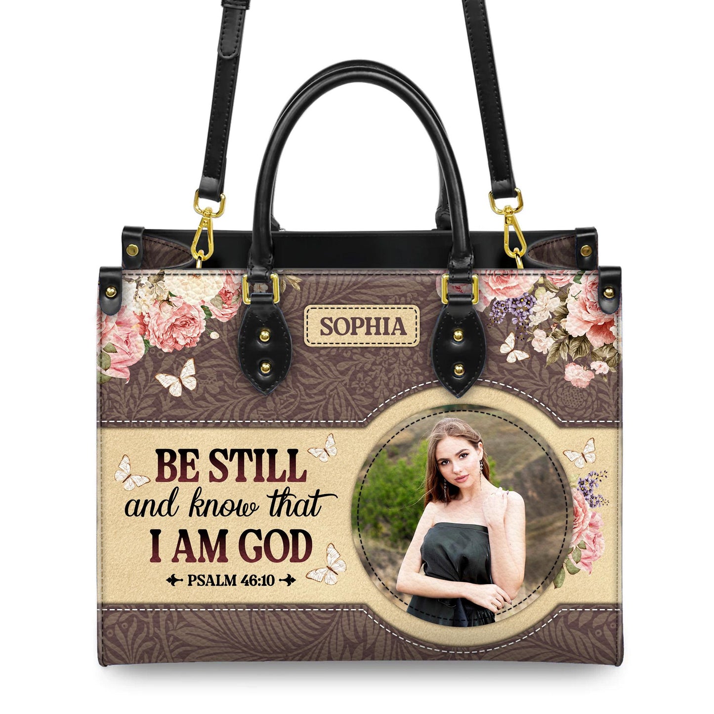 Personalized Leather Handbag Custom Name, Christian Gift, Gifts for Women, Be Still and Know Floral Bag, Butterfly & Flower Design