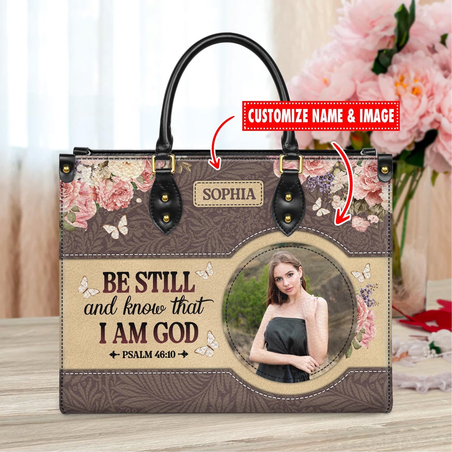 Personalized Leather Handbag Custom Name, Christian Gift, Gifts for Women, Be Still and Know Floral Bag, Butterfly & Flower Design
