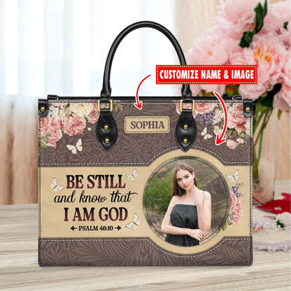 Personalized Leather Handbag Custom Name, Christian Gift, Gifts for Women, Be Still and Know Floral Bag, Butterfly & Flower Design