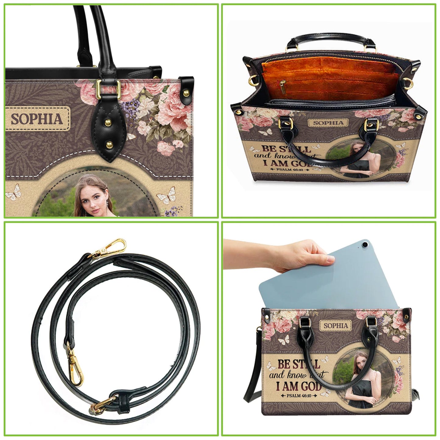 Personalized Leather Handbag Custom Name, Christian Gift, Gifts for Women, Be Still and Know Floral Bag, Butterfly & Flower Design