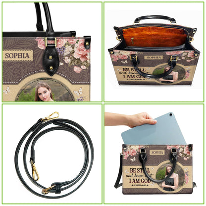 Personalized Leather Handbag Custom Name, Christian Gift, Gifts for Women, Be Still and Know Floral Bag, Butterfly & Flower Design