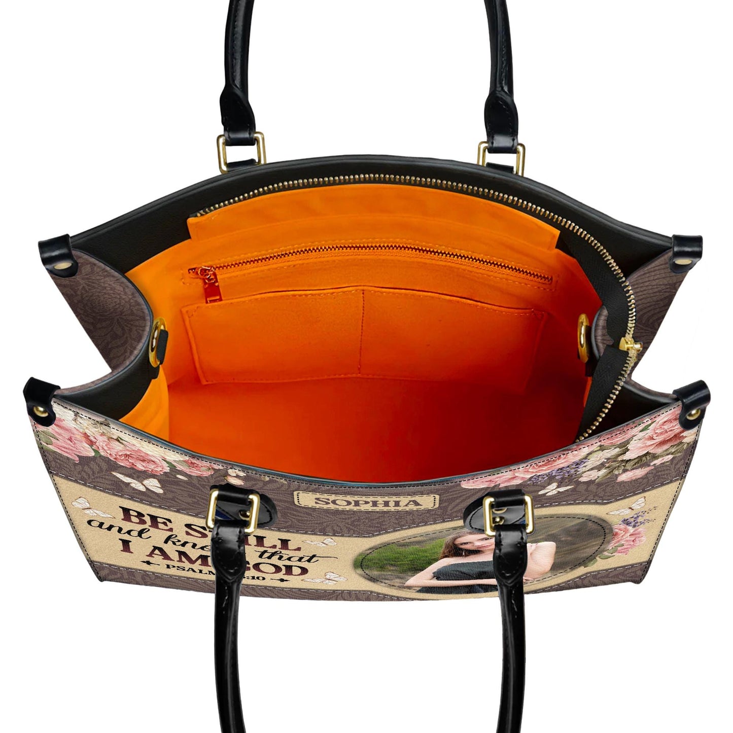 Personalized Leather Handbag Custom Name, Christian Gift, Gifts for Women, Be Still and Know Floral Bag, Butterfly & Flower Design