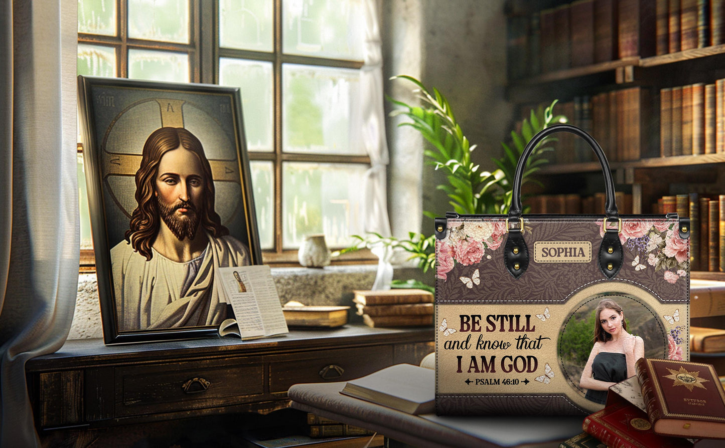 Personalized Leather Handbag Custom Name, Christian Gift, Gifts for Women, Be Still and Know Floral Bag, Butterfly & Flower Design