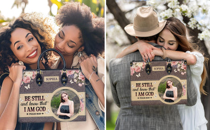 Personalized Leather Handbag Custom Name, Christian Gift, Gifts for Women, Be Still and Know Floral Bag, Butterfly & Flower Design