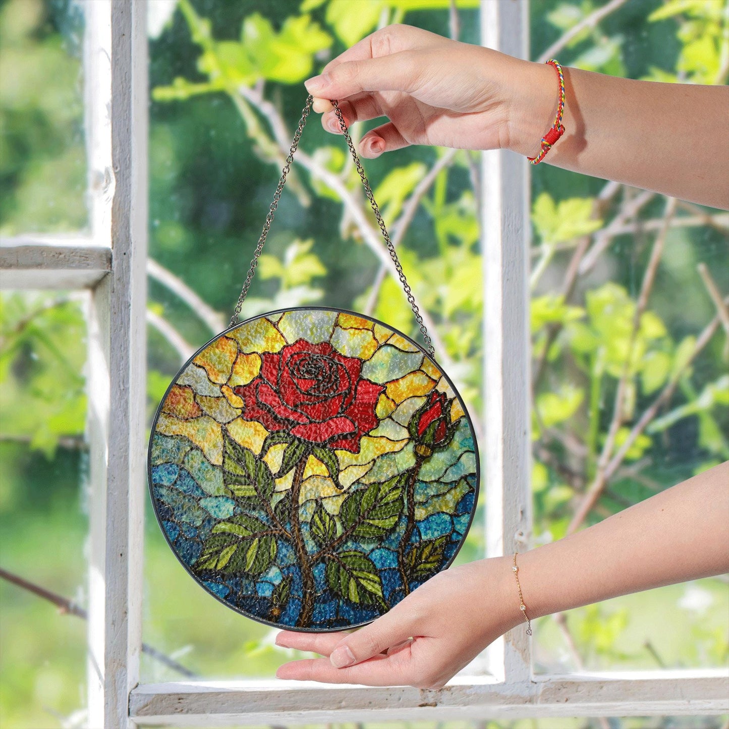 Red rose and bud stained glass floral suncatcher romantic window decor gift for wife or girlfriend