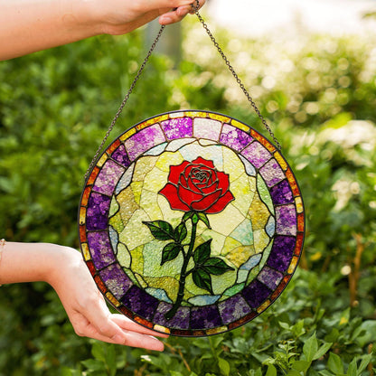 Red rose bloom with purple mosaic round stained glass suncatcher gift for flower lovers