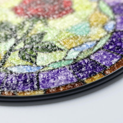 Red rose bloom with purple mosaic round stained glass suncatcher gift for flower lovers