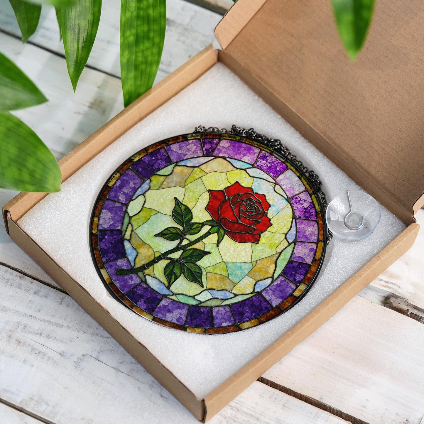 Red rose bloom with purple mosaic round stained glass suncatcher gift for flower lovers